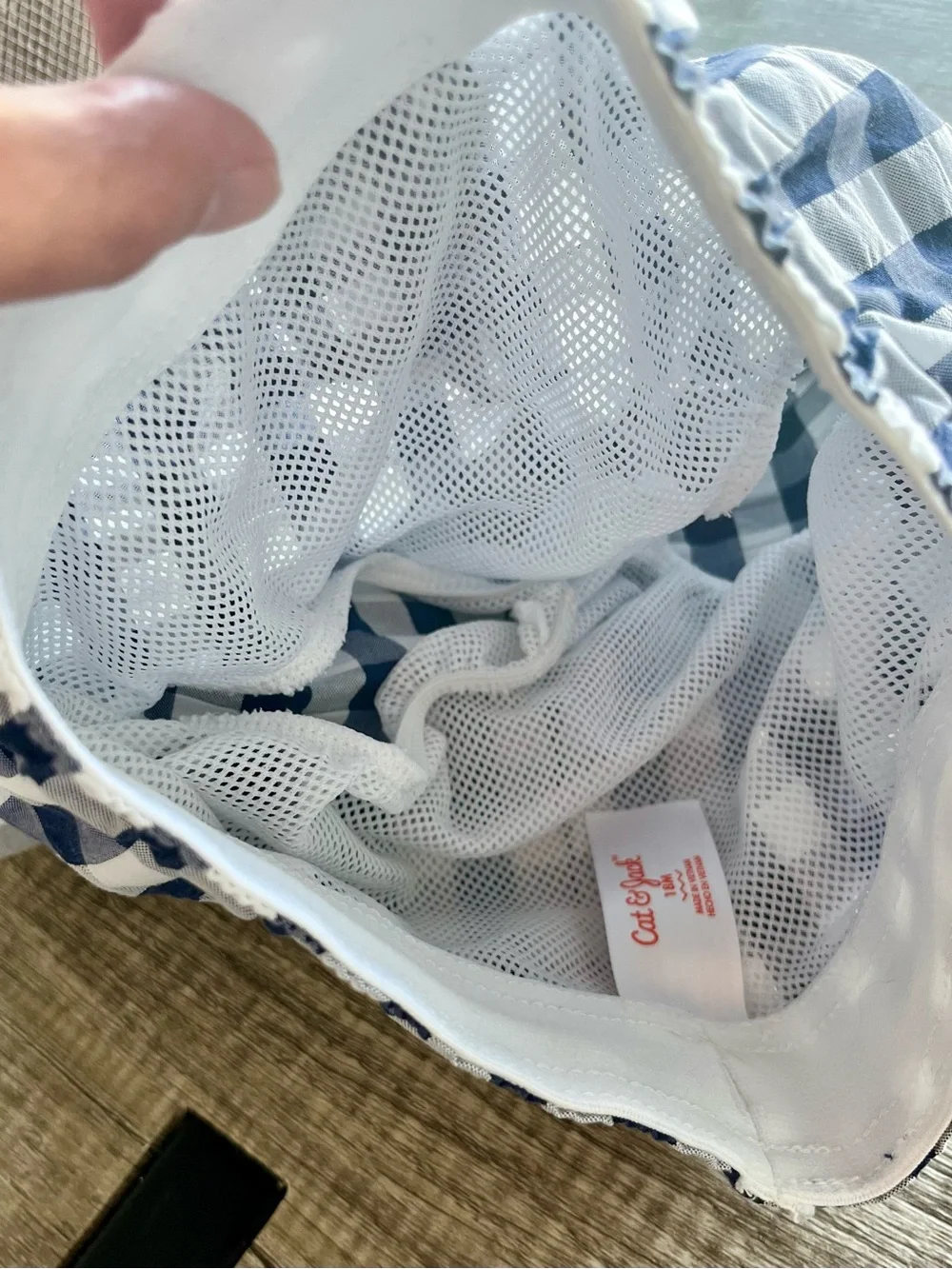 Cat & Jack Navy and White Gingham Swim Shorts with Pink-Tip Drawstring